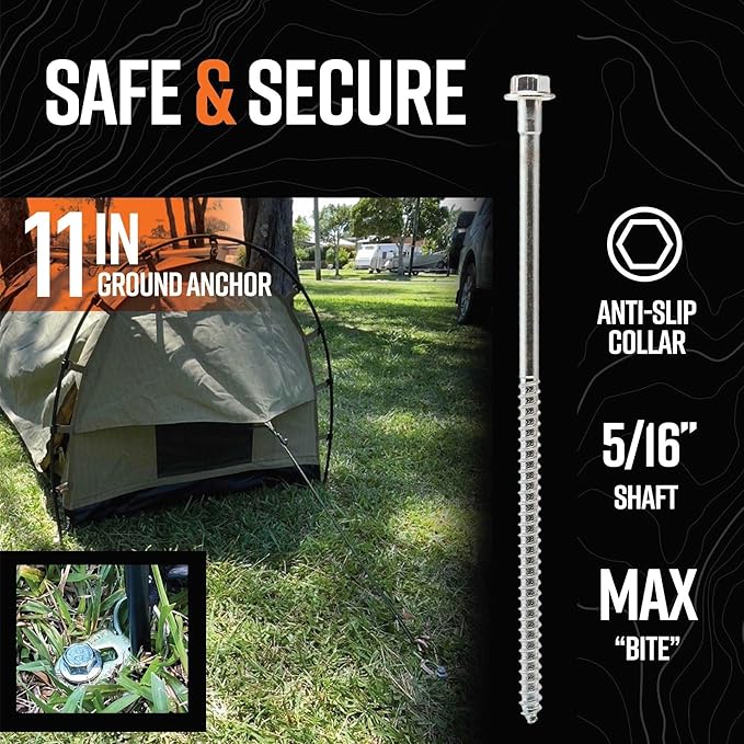 GroundGrabba Junior Camping Kit | Stakes (6) Pigtail Hooks (2) Hex Driver (1) Fangs (6) Medium Drawstring Bag (1)