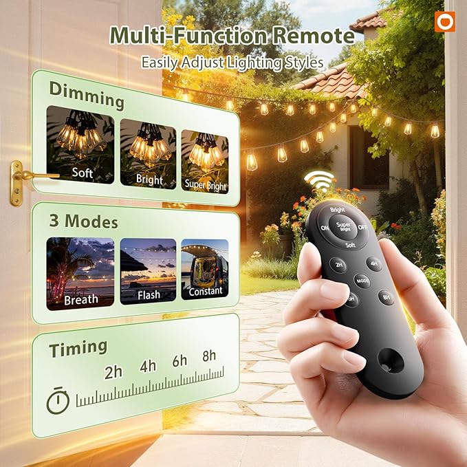 addlon 102(96+6) FT Solar String Lights WaterproofPatio Light Solar Powered with Remote &amp USB Port 3 Modes 30+2 LED Shatterproof Bulbs Outdoor Lighting for Camping Backyard Garden