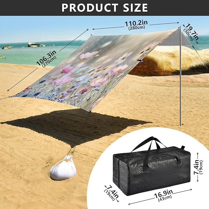 Pastel Color Wildflowers Beach Tent Sun Shelter 9.2' x 10.5' Beach Canopy with 4 Sandbags 4 Stability Poles Sand Shovels - Tent Canopy for Beach Camping Fishing Picnics