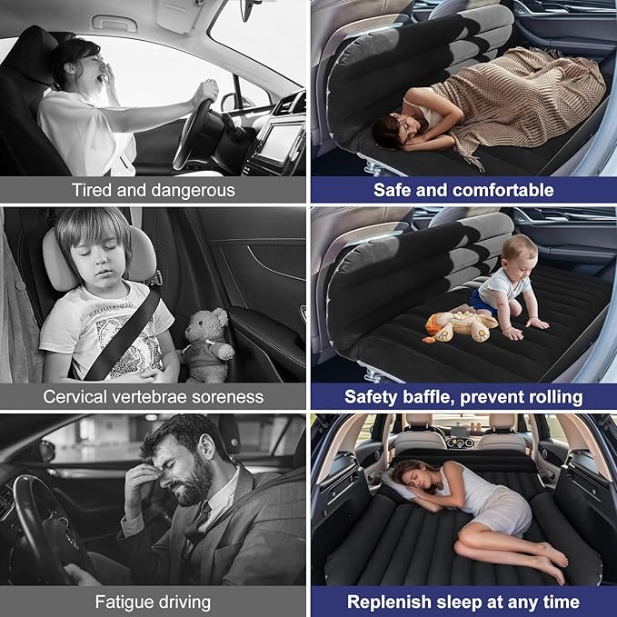 SUV Car Air Mattress – Inflatable Back Seat Bed with Electric Air Pump Portable Camping Travel Sleeping Pad Blow Up Car Bed (Black for SUV)