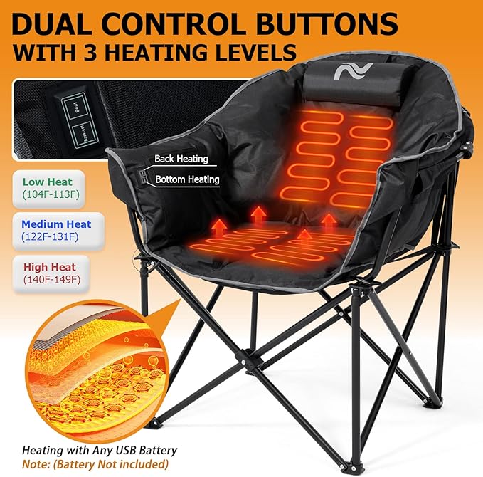 LILYPELLE Oversized Heated Camping Chair Patio Lounge Chairs with 3 Heat Levels Portable Folding Heated Chair Round Moon Saucer Folding Lawn Chair Outdoor Chair for Camping Lounge Patio
