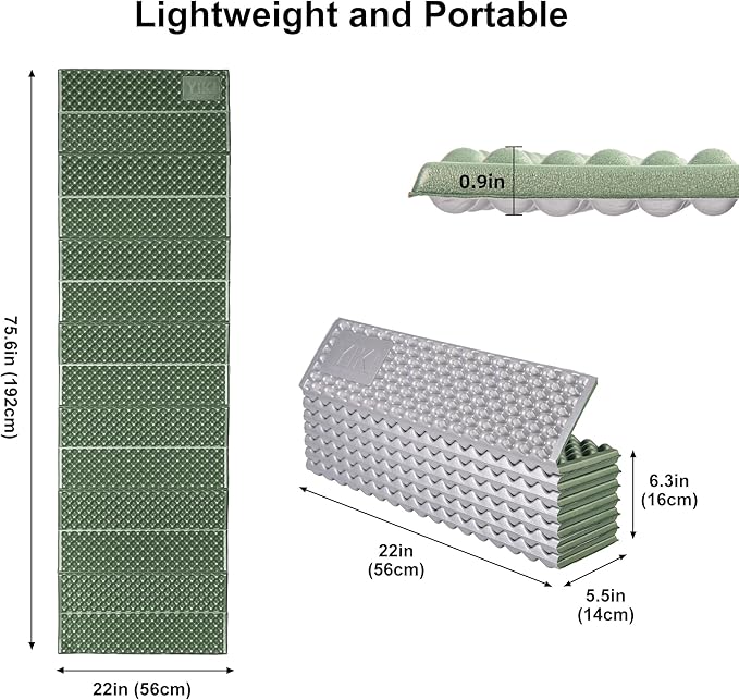 YIKI Upgraded Thickness Closed Cell Foam Sleeping Pad 75.6x22x0.9 Ultralight Foldable Foam Camping Mat with Heat Reflective Layer Waterproof Backpacking Pad for Hiking Tent Outdoor Use