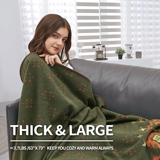 ACUSHLA Merino Wool Blanket - Warm Thick Washable Large Bed Couch Outdoor Camping Sleeping Throw Blanket All Seasons Myers Green 79x63