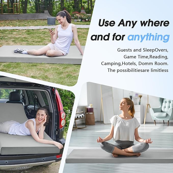 CYMULA Memory Foam Camping Mattress Pad3inch Sleeping Pad for CampingNon-Slip Bottom Floor Cot Car Mattress Bed with Retaining Portable Roll up Mattress Pad Mat for Travel Truck Guest Bed Tent