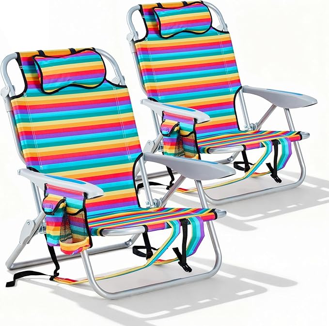 2 Pack Lightweight Portable Camping Beach Chair for Adult Outdoor Lay Flat Folding Beach Chairs with 5 Position Backpack Beach Chair with Towel Bar Zipper Pouch Cup Holder Rainbow Striped