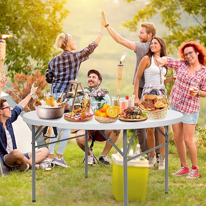 Camping Table 48 Round Bi-Folding Commercial Table 4 Feet Portable Plastic Dining Card Table for Kitchen or Outdoor Party Wedding Event 1-Pack(Quantity 1)