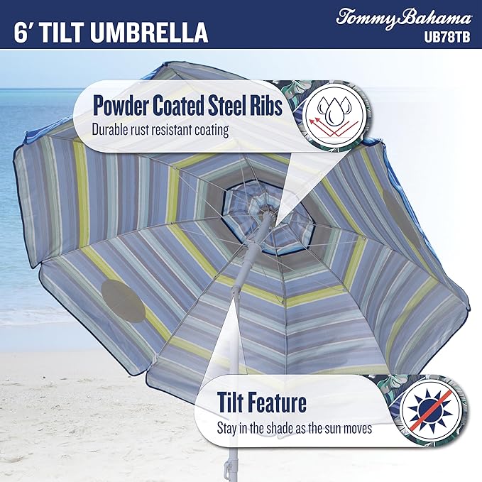 Tommy Bahama 6' UPF 50+ Tilt Beach Umbrella with Integrated Sand Anchor Wind Vent and Carry Bag