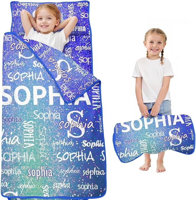 Personalized Name Toddler Nap Mat for Daycare Preschool Kindergarten Customized Kids Sleeping Bag with Pillow and Blanket for Girls Boys Custom Name Monogrammed Nap Mats for Toddlers