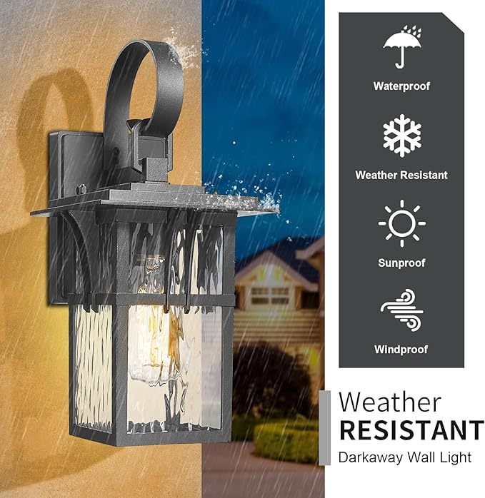 Darkaway Outdoor Wall LightExterior Lighting Fixtures Wall Mount Porch Lights Waterproof Outside Sconce with Water Ripple Glass for Patio Hallway Garage Front Door