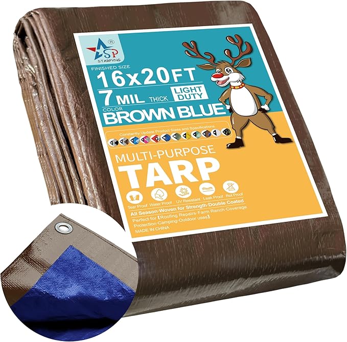 STARPYNG-7 Mil Brown/Blue 16x20 Feet Tarp-Multifunctional Waterproof Tarpaulin-Waterproof UV Resistant Rip and Tear Resistant Poly Tarpaulin with Reinforced Edges for Cover
