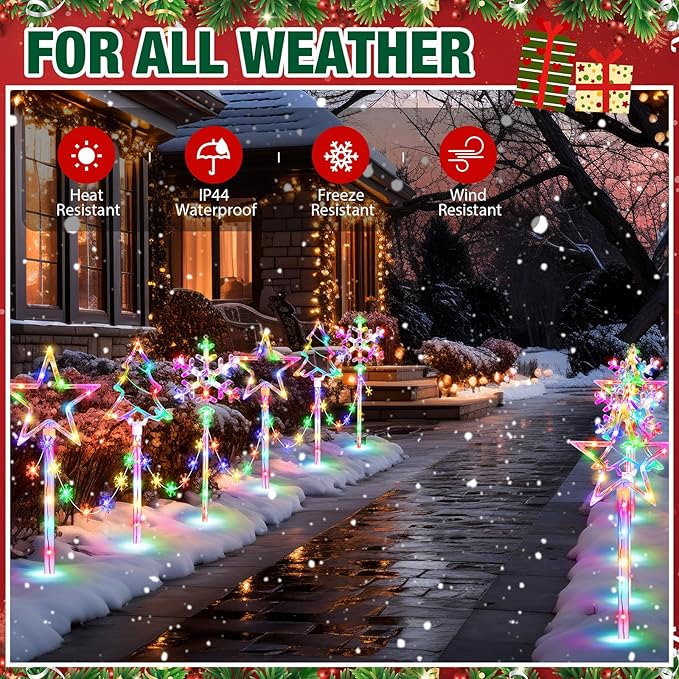 12 Pack Outdoor Snowflake Walkway Lights Plug in Christmas Pathway Lights 8 Modes Xmas Waterproof LED Garden Stake Light for Walkway Porch Yard Lawn(Multicolor)