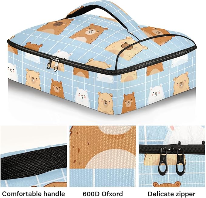 Casserole Carrier Cute Cartoon Animal BearInsulated Casserole Carrier for Hot or Cold Food Thermal Lunch Tote for Potluck Parties Picnic Beach Fits 9 x 13 Inches Baking Dish
