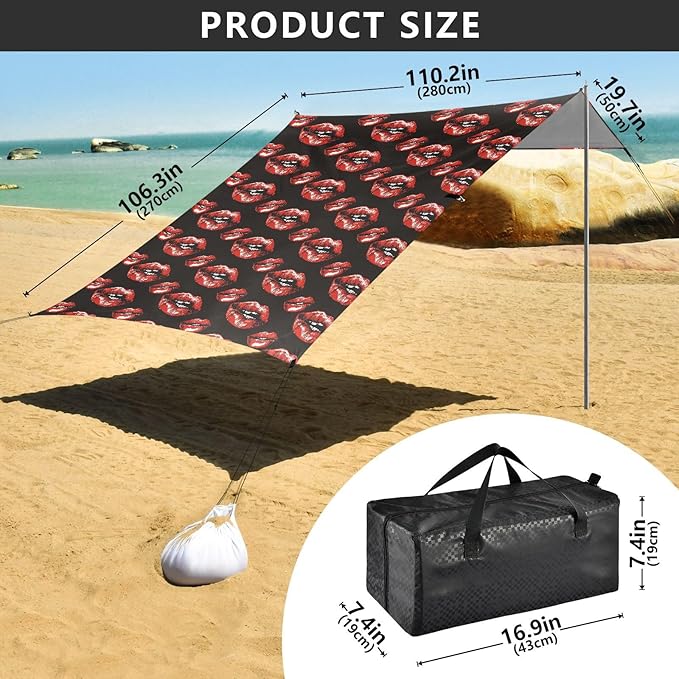 ALAZA Red Lips Beach Tent Sun Shelter UPF50+ Protection Beach Shade Canopy w/ 4 Sandbags for Outdoor Camping Fishing Backyard Fun Picnic 10x9 ft