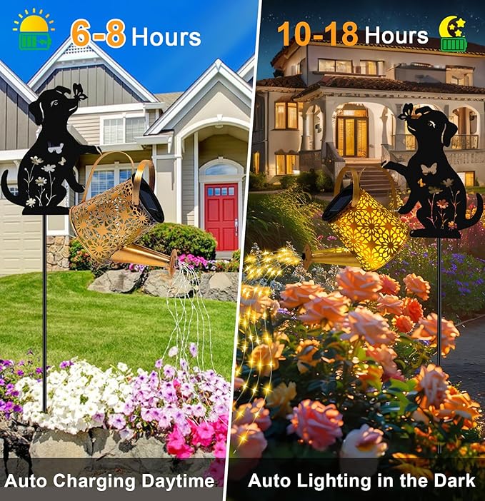 Solar Lights Outdoor Decorative Watering Can with Cascading Lights with Dog Silhouette Garden Stakes Gifts for Mom Women Waterproof Metal Garden Decor for Yard Art Outside(1 Pack)