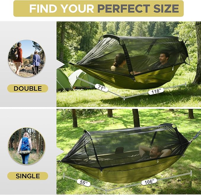 Sunyear Camping Hammock Tent - Portable Hammocks with Mosquito Net (Single/Double 500lbs Capacity) - Spacious &amp Anti-Rollover Design with 2 Tree Straps for Hiking Backpacking Indoor/Outdoor Use
