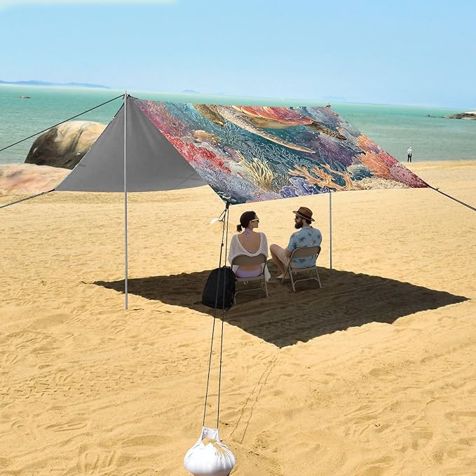 ALAZA Sea Turtles Coral Beach Tent Sun Shelter UPF50+ Protection Beach Shade Canopy w/ 4 Sandbags for Outdoor Camping Fishing Backyard Fun Picnic 10x9 ft