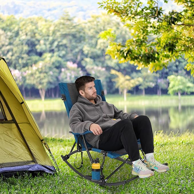 Folding Camping Rocking Chair Portable Outdoor Rocker Chair with Cup Holder for Picnic Outside Backyard Patio Lawn Garden