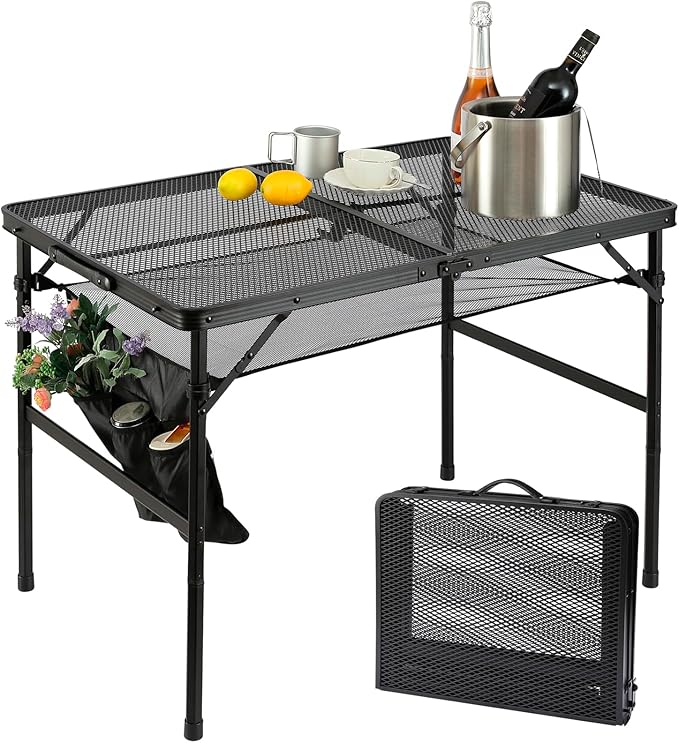 Folding Metal Camping Table with Mesh Layer Portable &amp Lightweight Grill Table for Outdoor 2 Adjustable Heights Metal Mesh Tabletop for Camping Cooking Medium Size (2.95 FT Black)