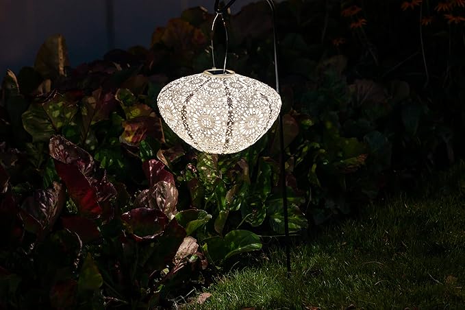 Allsop Soji Stella Crown Chantilly Lace Solar Lantern 13 LED Outdoor Light Handmade with Weather-Resistant UV Treated Fabric Stainless Steel Hardware Auto Sensor on/Off for Patio Deck Garden