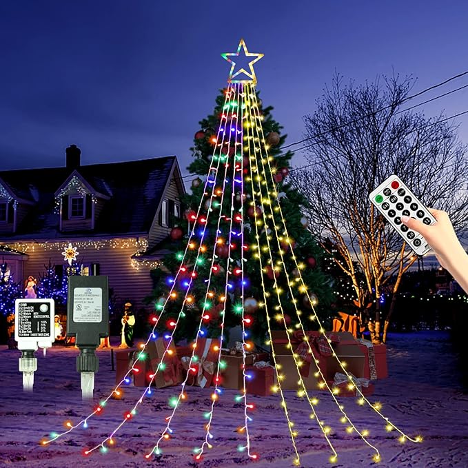 PUHONG Color Changing Christmas Lights 4 in1 Outdoor Star String Lights 320 LED Christmas Decoration Lights [11 Modes &amp Waterproof &amp Remote] for Halloween Xmas New Year Holiday (Warm+Multico