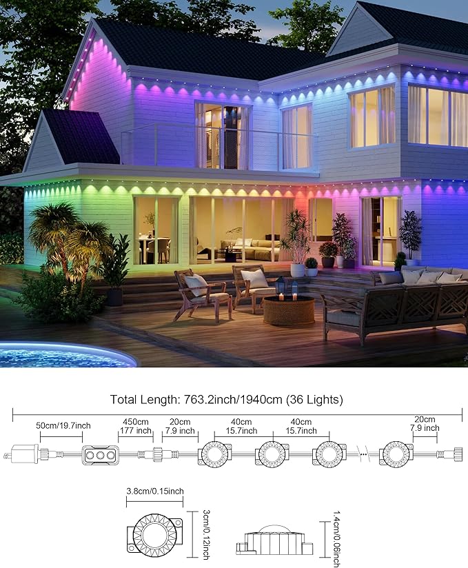 Permanent Outdoor Lights 63.6ft with 36 RGBIC LED Light with App Control Waterproof Permanent Christmas Lights for Outside Roofline Decor Garden Decor HouseParty Holiday Xmas Decoration