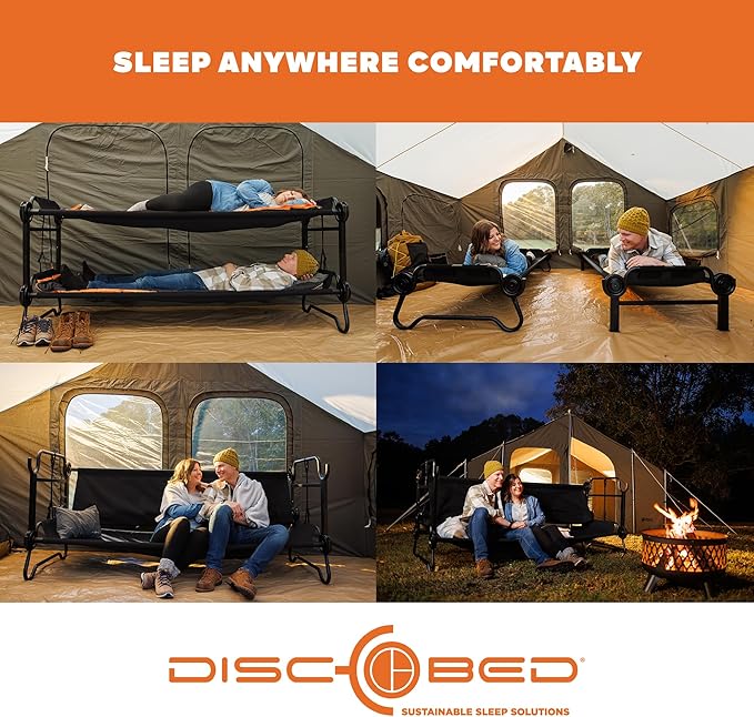 Disc-O-Bed Large Outdoor Convertible 2 Person Bench and Double Camping Cot Portable Bed Bunk System for Adults Black