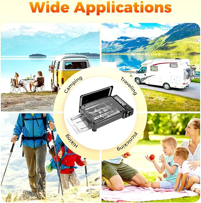 Gas Grill Butane Grill Stove Portable Camping Grill Gas Stove Free Standing BBQ Grill Portable Butane w/Grilling Net Carry Case for Camping Traveling Outdoor Cooking Black