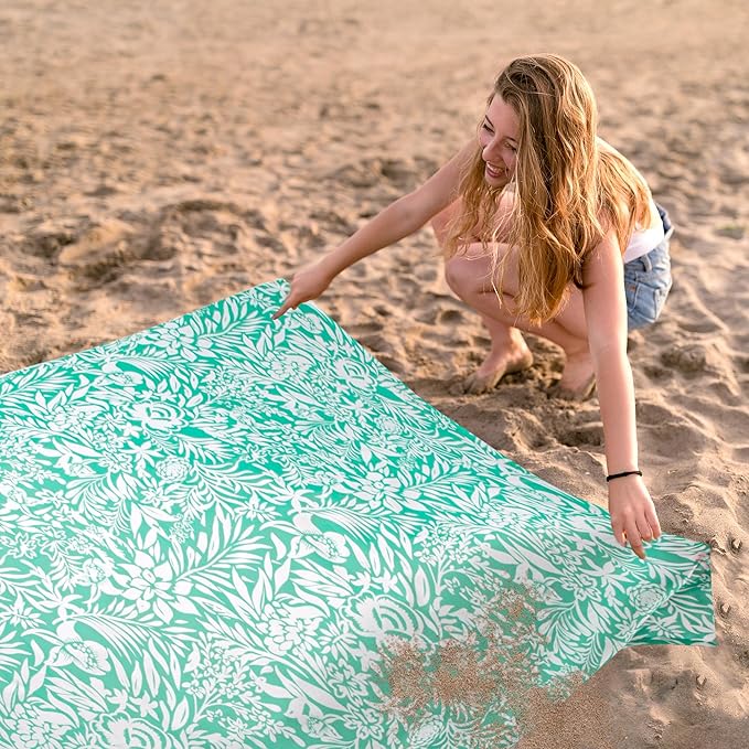 Beach Blanket Waterproof Sandproof Beach Mat with 4 Stakes &amp 4 Pockets 78''×86'' Large Compact Lightweight Sand Free Outdoor Essentials for Beach Picnic Travel Camping