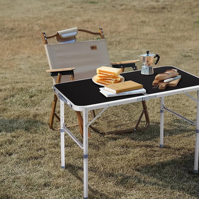 3ft Small Folding Camping Table Portable Lightweight Fold Up Utility Side Tables with Carrying Handle Outdoor Aluminum Fold in Half Dining Card Table for Picnic Party Events (Black)