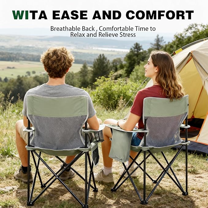 Portable Outdoor Folding Chair with Cup Holder &amp Cooler Bag - Breathable Mesh Wide Armrests Ergonomic Design for Camping Beach Backyard - Includes Storage Bag &amp Bottle Opener (Black/Green/