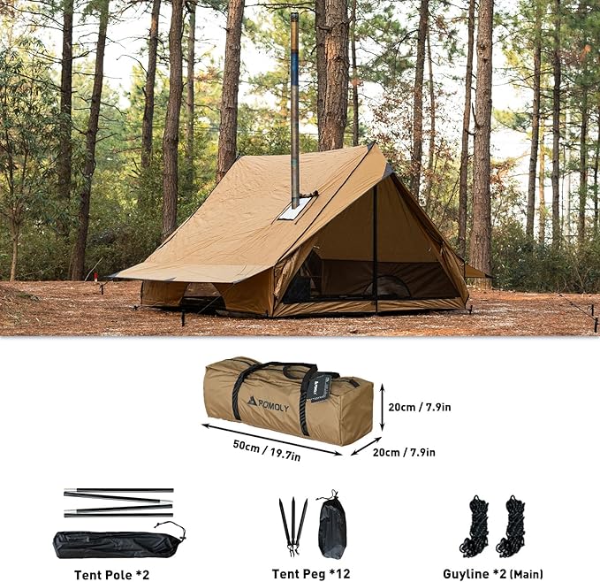 POMOLY Chalet 70 Pro Camping Hot Tent and Ti Mini 0.6 Portable Titanium Wood Stove