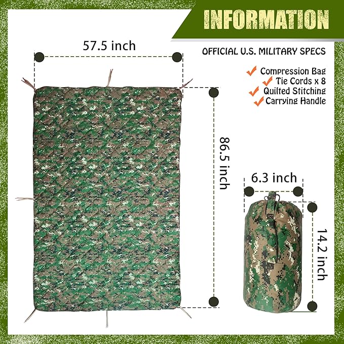 Woobie Blanket Thermal Insulated Military Poncho Liner Water-Resistant Portable Insulation for Hiking Survival with Compression Carry Bag (Marpat)