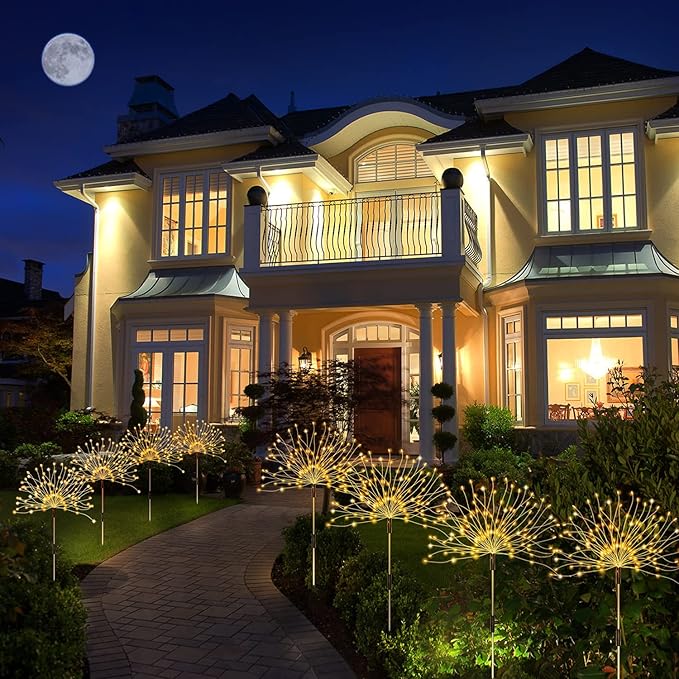Solar Outdoor Warm White Garden Lights 4 Pack Firework With 120 LED Starburst String 8 Modes Fairy With Remote for Wedding Christmas Lawn Backyard Party Patio Decoration