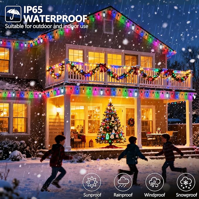 iBaycon RGB C9 Christmas Lights 65FT Color Changing String Lights Connectable Remote Control Waterproof Outdoor C9 String Light for Xmas Tree House Eaves Roof Christmas Holiday Decor