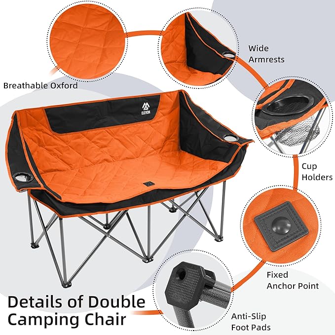 Elevon Camping Chair Oversized Loveseat Double 2 Person Outdoor Chair with Arms Cup Holder and Carry Bag Heavy-Duty Collapsible Chair for Outside Orange