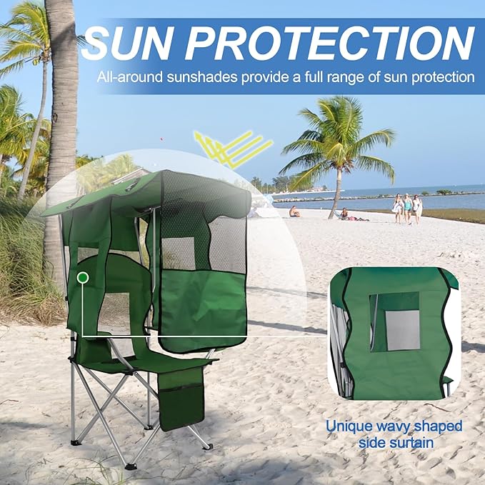 ptlsy Folding Camping Chair with Canopy Beach Chair with Canopy Shade with Cup Holders Cooler Bag for Camping Fishing Beach Sports and Concert (Green)