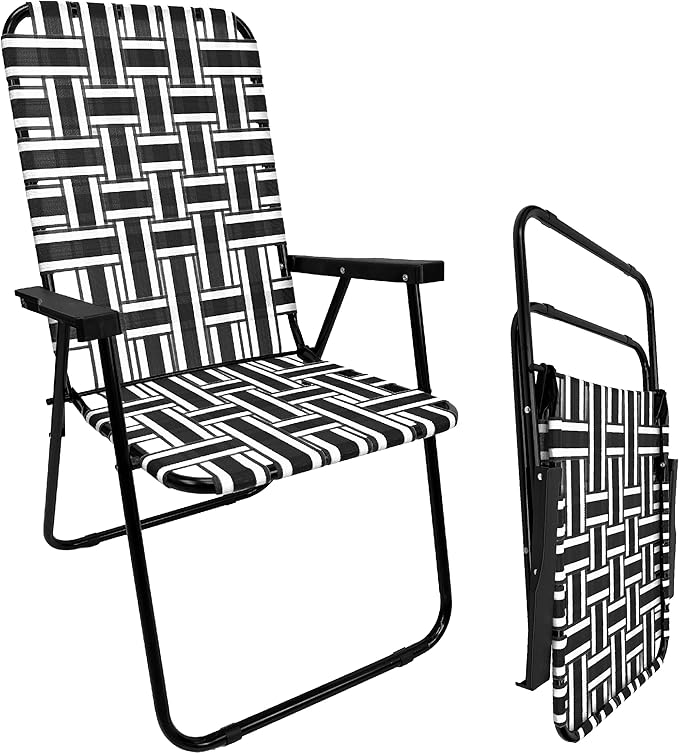Lawn Chair Folding Steel Webbing Chaise Patio Lounger Seat Wood Handles Great for Camping Beach Fishing Backyard Stadium Pool Boating and Sports 2 Pack Black