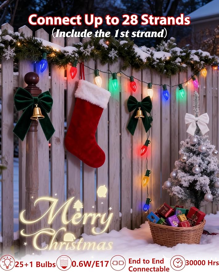 C9 LED Christmas Lights Outdoor25FT Multicolored Christmas Lights with 26 Colorful Clear Multicolor LED BulbsConnectable Old Fashioned Xmas light for Garden Patio Xmas Tree Party Home Decor