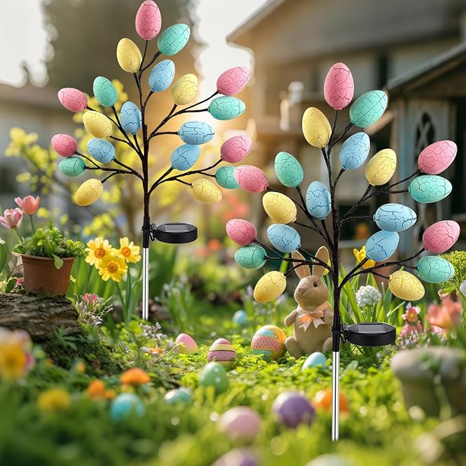 2 Pack Solar Easter Egg Lights Outdoor 40 LED Waterproof Solar Easter Yard Decorations Outdoor Easters Yard Stakes Lights with 2 Lighting Modes for Outside Lawn Walkway Patio Cemetery Grave