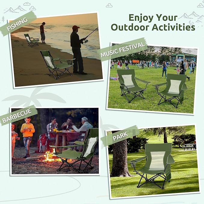 HaSteeL Folding Beach Chair Set of 2 Foldable Green Camping Chairs for Outside Low Beach Chair Portable for Adults Fishing Picnic Outdoor BBQ Travel Sports Cup Holder &amp Storage Bag
