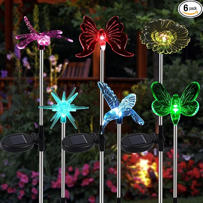 Glintoper 6 Pack Solar Garden Stake Lights Outdoor Solar Butterfly Figurine Lights Multi-Color Changing LED Landscape Lighting Sparkling Star Flower Hummingbird Dragonfly Bee for Patio Yard Pathway