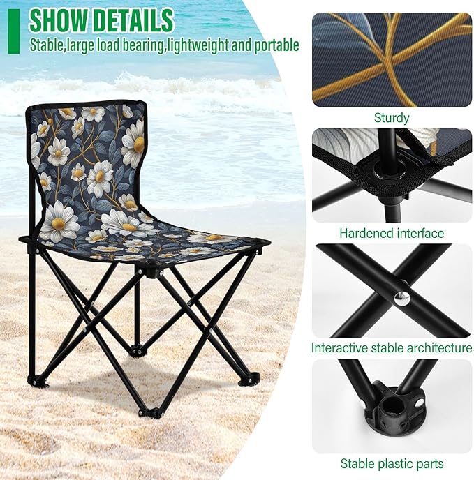 Chamomile Flower White Blue Portable Camp Chairs for Adults Heavy Duty Ultra-Lightweight Portable Chairs for Adults with Carrying Bag