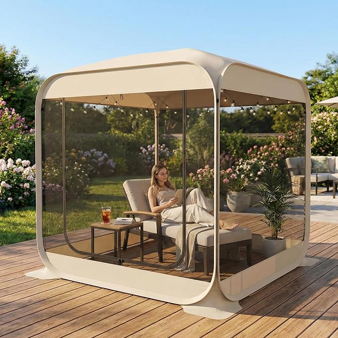 TABU Pop Up Screen House Tent 6x6 FT Screen Room Canopy with Mosquito Mesh Instant UV Resistant Shelter with Carry Bag for 2-4 Person Backyard Sports Hiking Beige