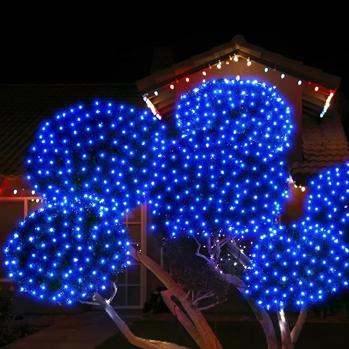 WBao Christmas Net Lights 360LED 11.5ft x 6.9ft Christmas Lights with 8 Modes Timer End to End Connectable Waterproof Design for Lawn Bushes Trees Outdoor Xmas Decorations Blue
