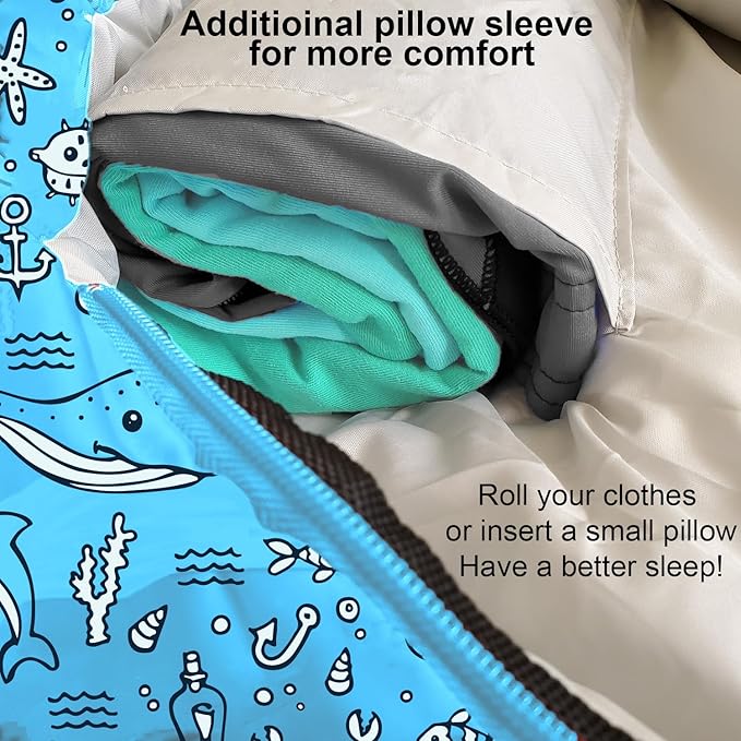 KidzAdventure Mummy Style 32 – 59F Kids Sleeping Bag with Pillow Sleeve 4 Season Lightweight and Backpacking Style Ideal for Camping Sleepover Boys Girls Youth and Toddlers