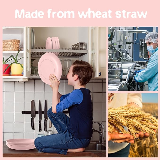 Teivio 32-Piece Kitchen Plastic Wheat Straw Dinnerware Set Service for 8 Dinner Plates Dessert Plate Cereal Bowls Cups Unbreakable Colorful Plastic Outdoor Camping Dishes Pink