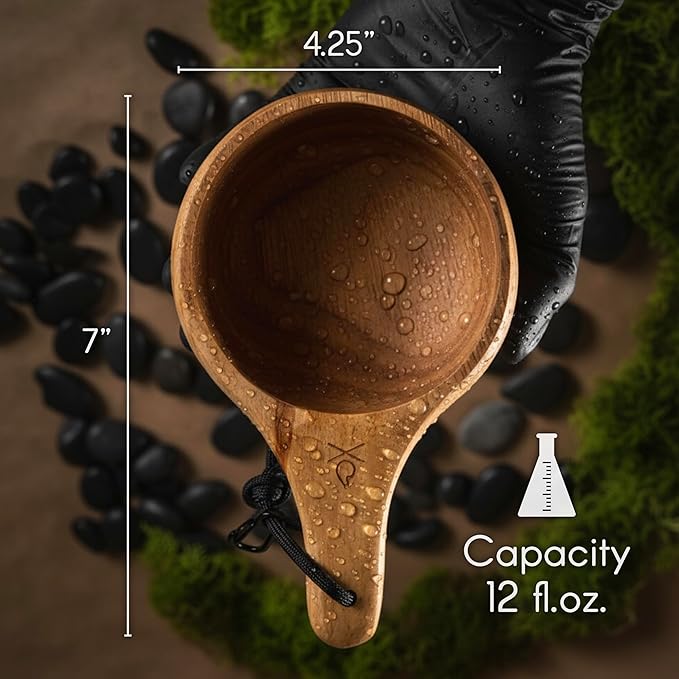 überleben | Lore Kuksa Wooden Cup – Handcarved 12oz Coffee Mug Bowl with Lanyard &amp Carabiner – Lightweight Camping Essentials &amp Traditional Nordic Bushcraft Gear