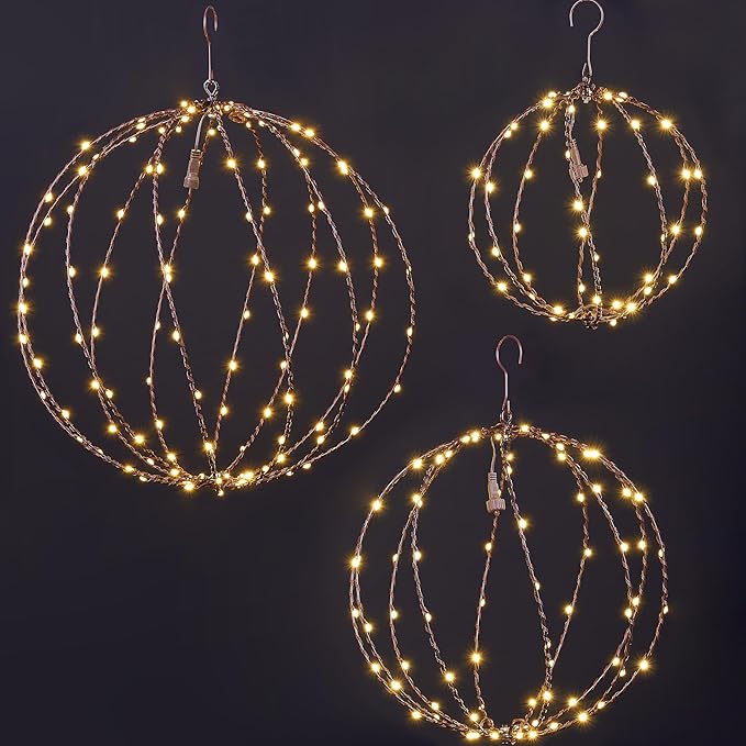 LIGHTSHARE 248LED 12IN+16IN+20IN Light Ball Yard Decoration Pathway Lights Brown Sphere Light Fold Flat Metal Frame Indoor Outdoor Waterproof Garden Lights Plug in(Set of 3)
