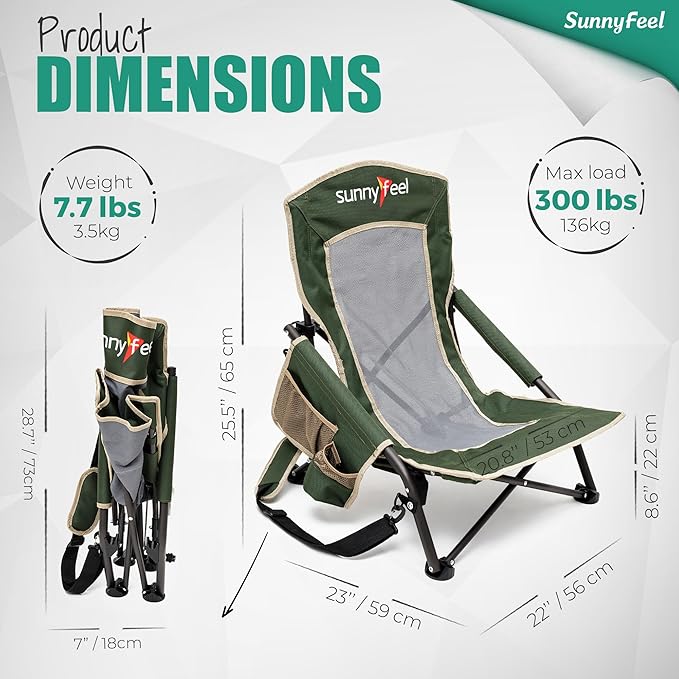 SUNNYFEEL Low Folding Beach Chair for Adults Portable Lightweight Sling Beach Camping Chairs with Cup Holder ArmrestFoldable Camp Lawn Chair for Outdoor Sand Concert Travel Sport Events300LBS
