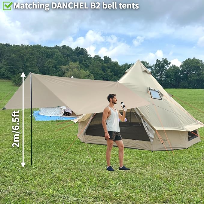 DANCHEL OUTDOOR 13x9.8ft Large Waterpoof Camping Nylon Tarp Canopy Tent Canopy Sun Shelter Glamping Awning Accessories Khaki